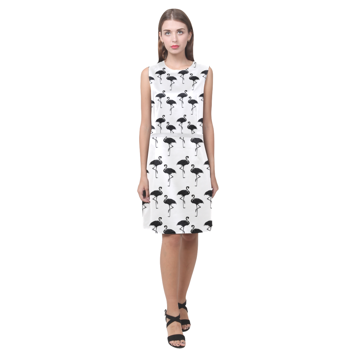 Flamingos Pattern Black and White Eos Women's Sleeveless Dress (Model D01)
