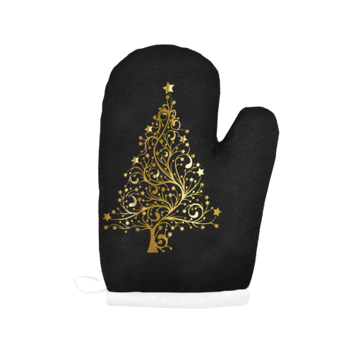 Golden Christmas Tree on Black Oven Mitt (Two Pieces)