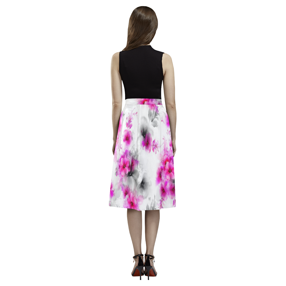 Pink and Grey Flowers Aoede Crepe Skirt (Model D16)