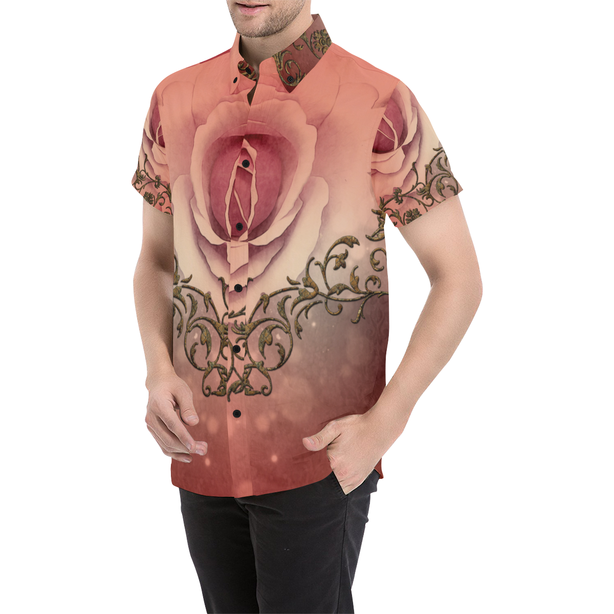 Wonderful roses with floral elements Men's All Over Print Short Sleeve Shirt/Large Size (Model T53)