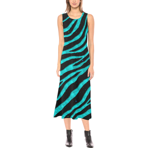 Ripped SpaceTime Stripes - Cyan Phaedra Sleeveless Open Fork Long Dress (Model D08)