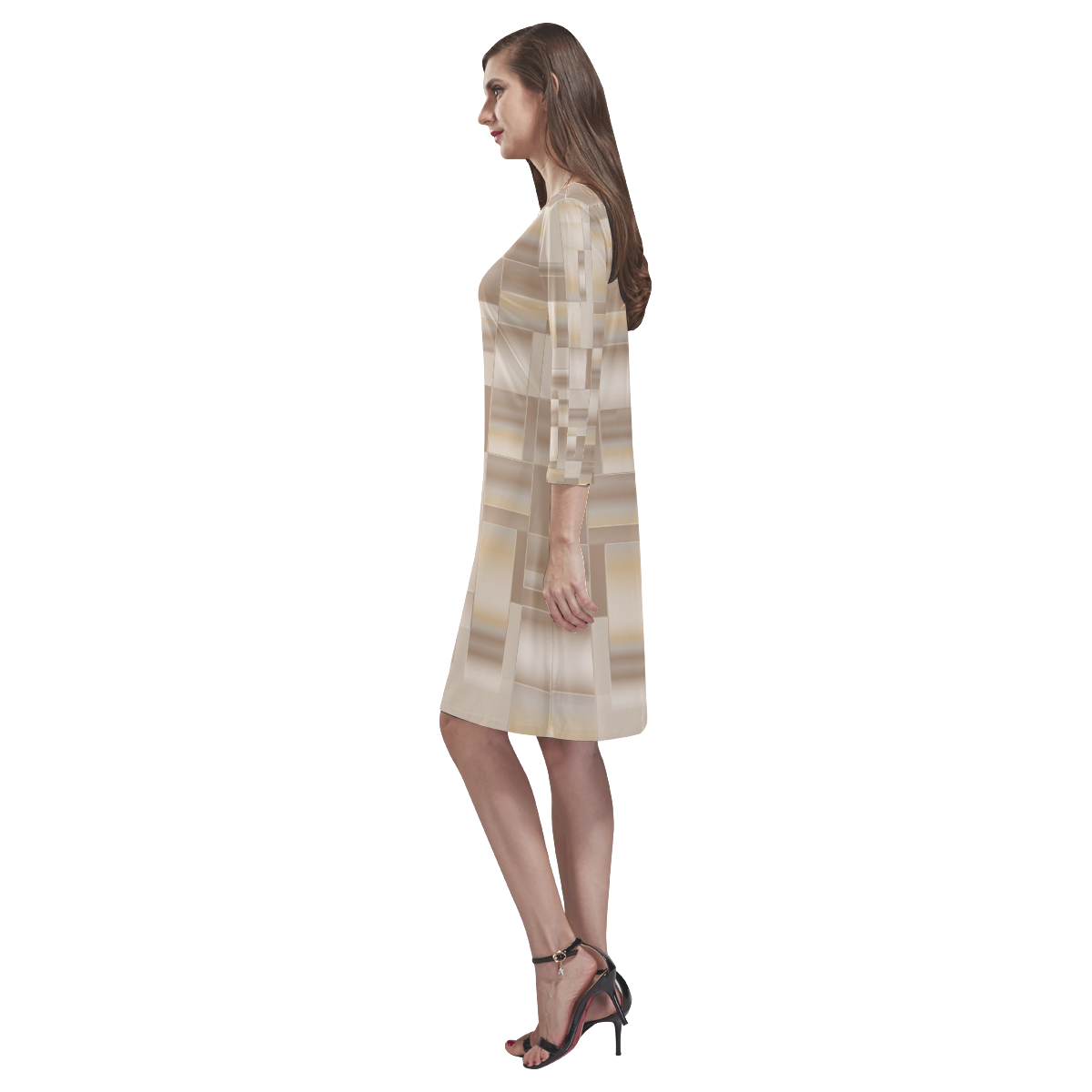 Camel Block Print Rhea Loose Round Neck Dress(Model D22)