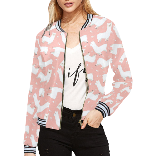 Pink Llama Pattern All Over Print Bomber Jacket for Women (Model H21)