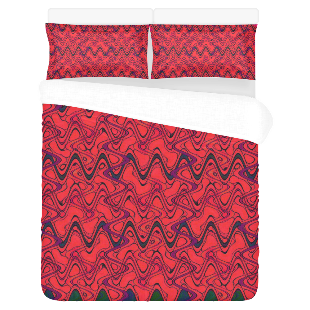 Red and Black Waves pattern design 3-Piece Bedding Set