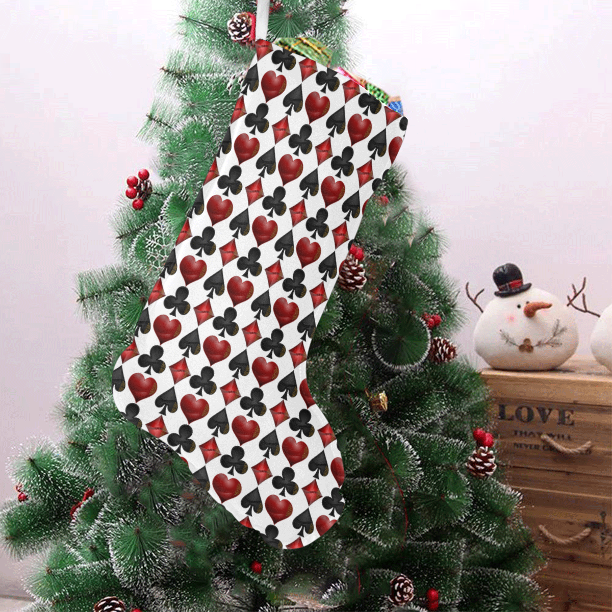 Las Vegas Black and Red Casino Poker Card Shapes Christmas Stocking (Without Folded Top)