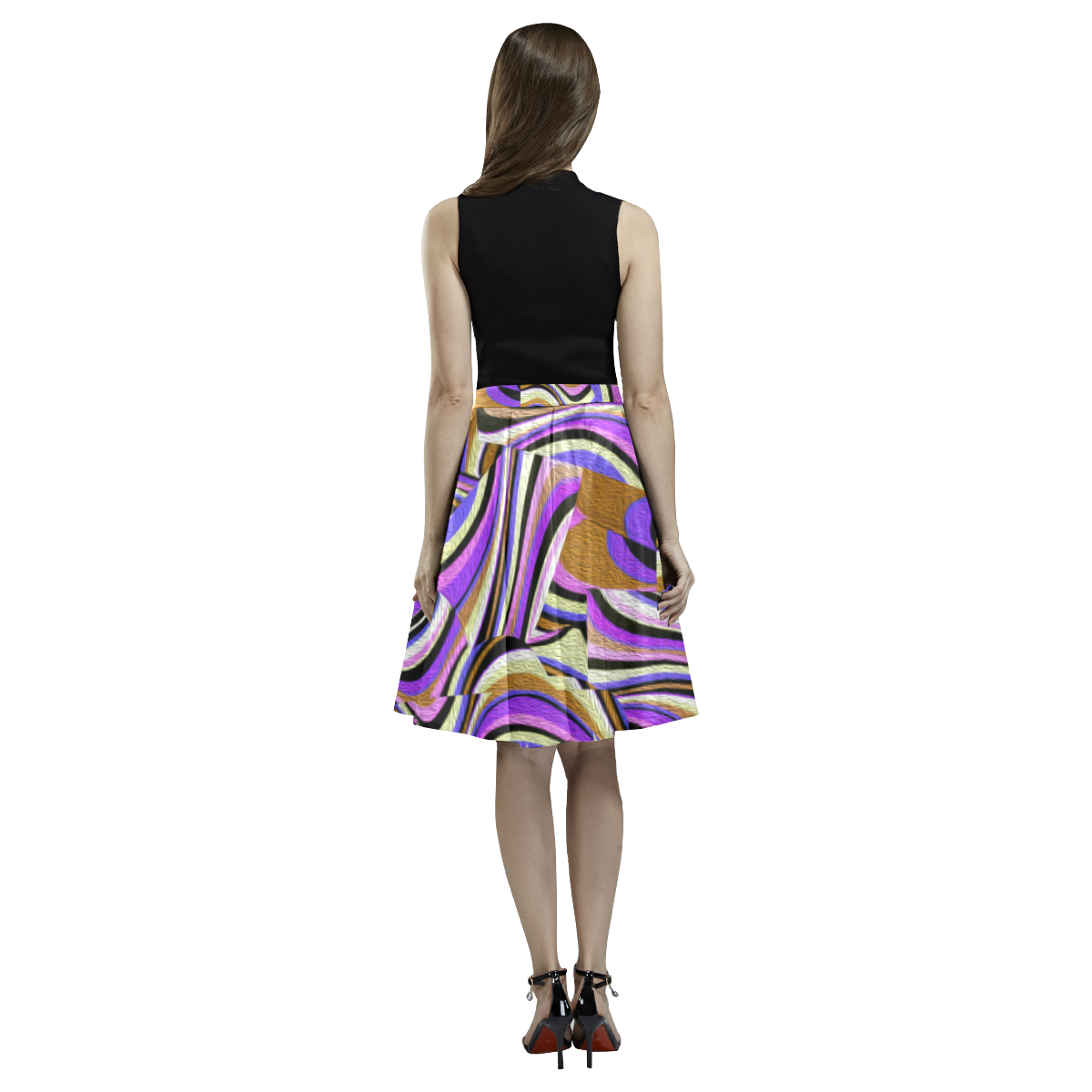 Groovy Retro Renewal - Purple Waves Melete Pleated Midi Skirt (Model D15)