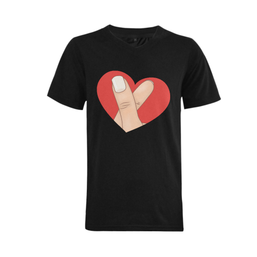 Red Heart Fingers / Black Men's V-Neck T-shirt  Big Size(USA Size) (Model T10)