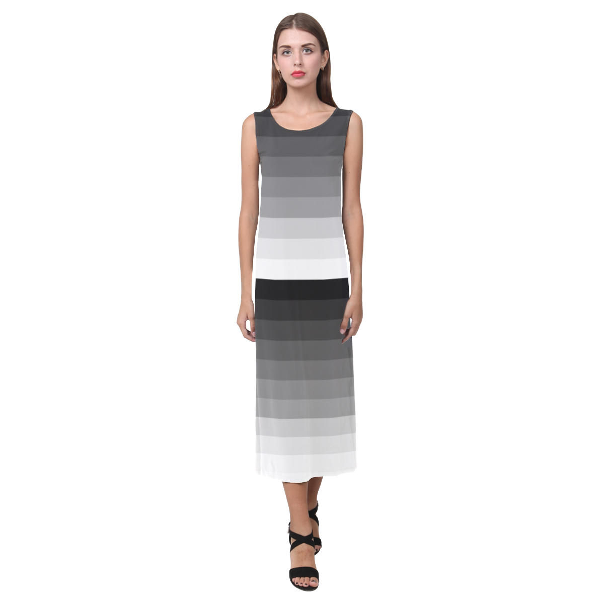 White, black, gray multicolored stripes Phaedra Sleeveless Open Fork Long Dress (Model D08)
