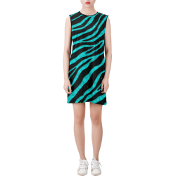 Ripped SpaceTime Stripes - Cyan Sleeveless Round Neck Shift Dress (Model D51)
