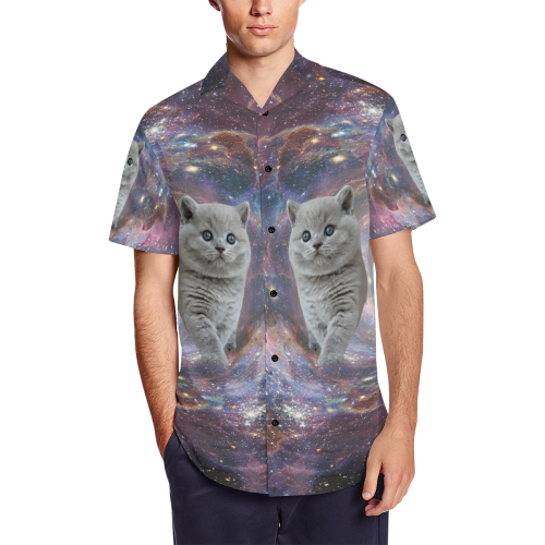 Galaxy Cat Men's Short Sleeve Shirt with Lapel Collar (Model T54)