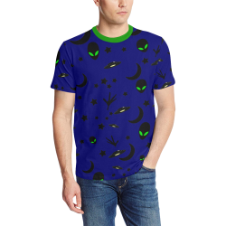 Alien Flying Saucers Stars Pattern Blue/Green Trim Men's All Over Print T-Shirt (Solid Color Neck) (Model T63)