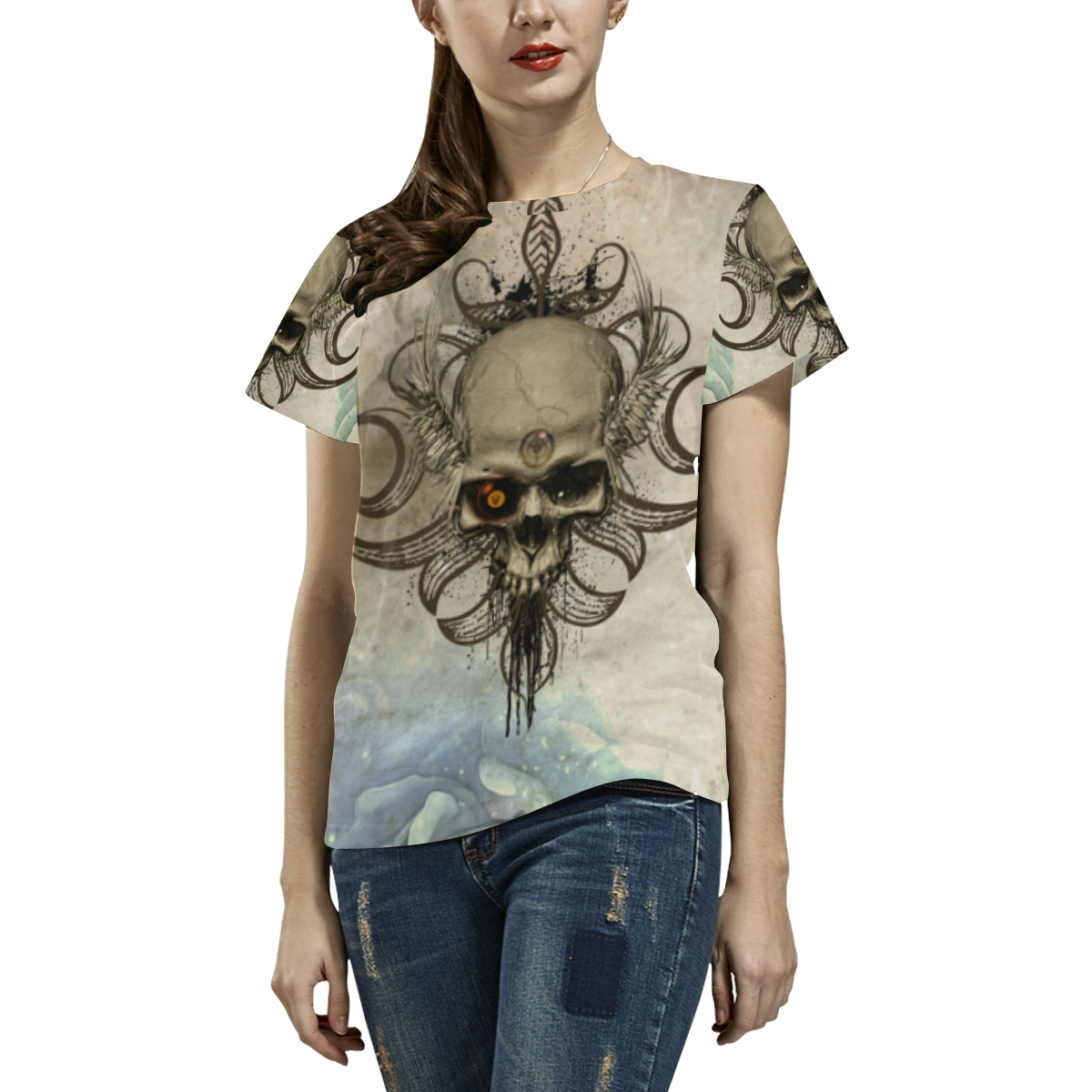 Creepy skull, vintage background All Over Print T-Shirt for Women (USA Size) (Model T40)