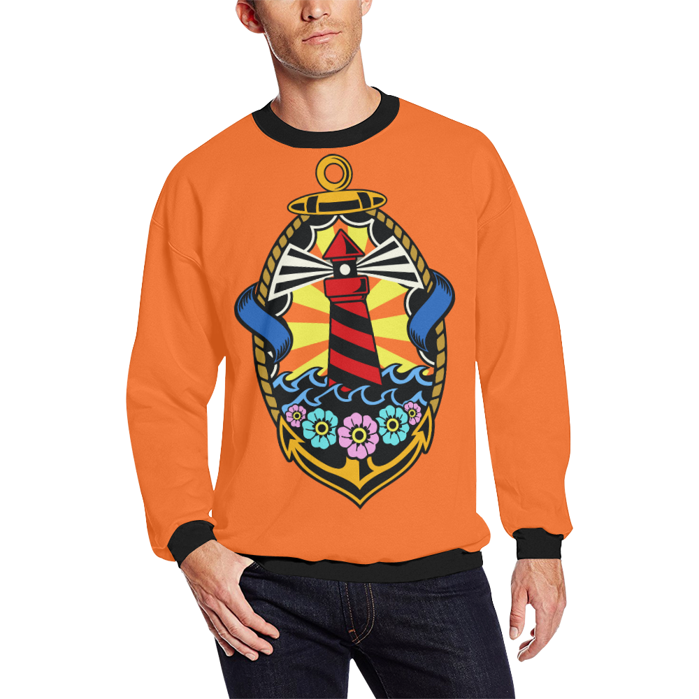 Lighthouse Modern Orange Men's Oversized Fleece Crew Sweatshirt (Model H18)