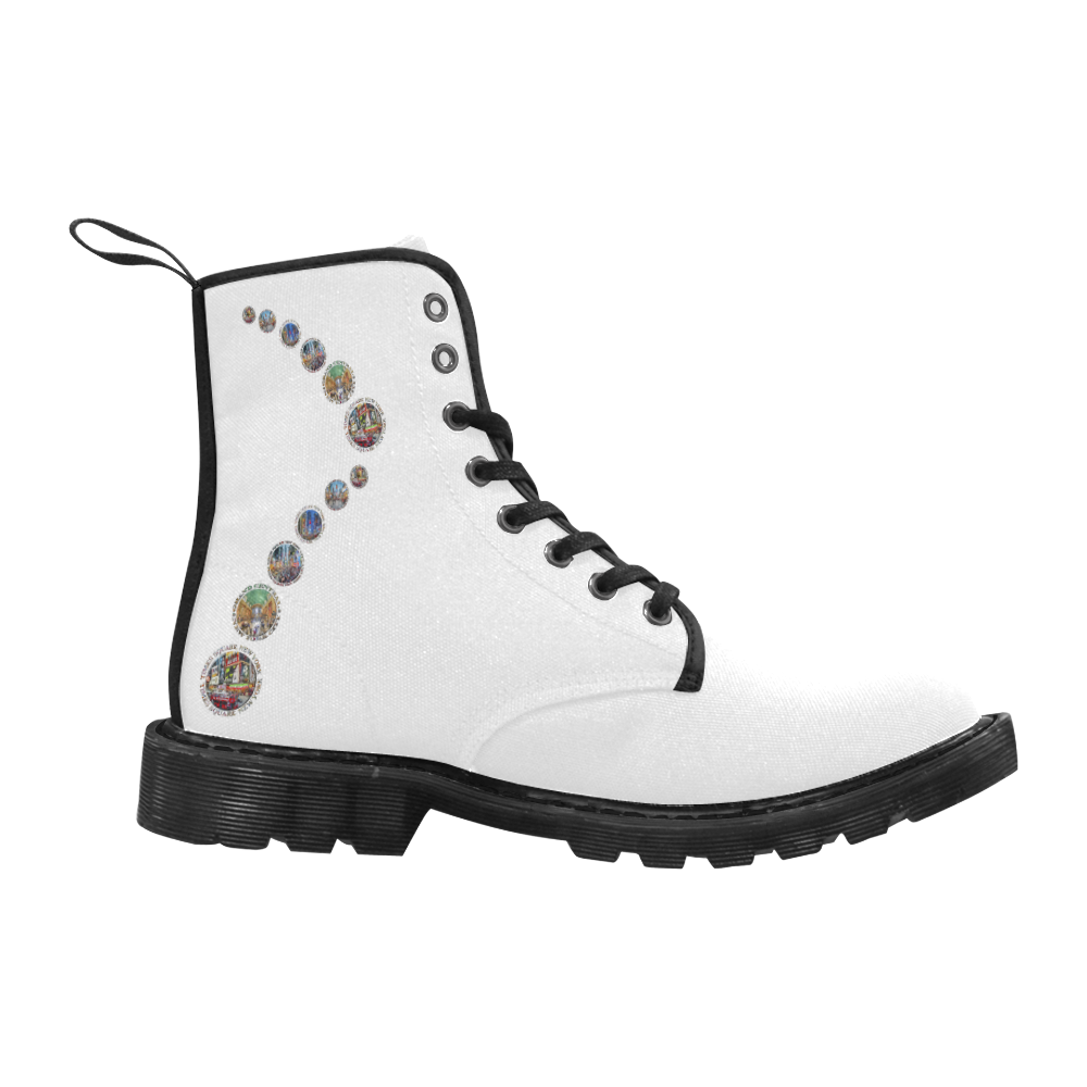 New York City badge emblem ankle arcs on white Martin Boots for Men (Black) (Model 1203H)