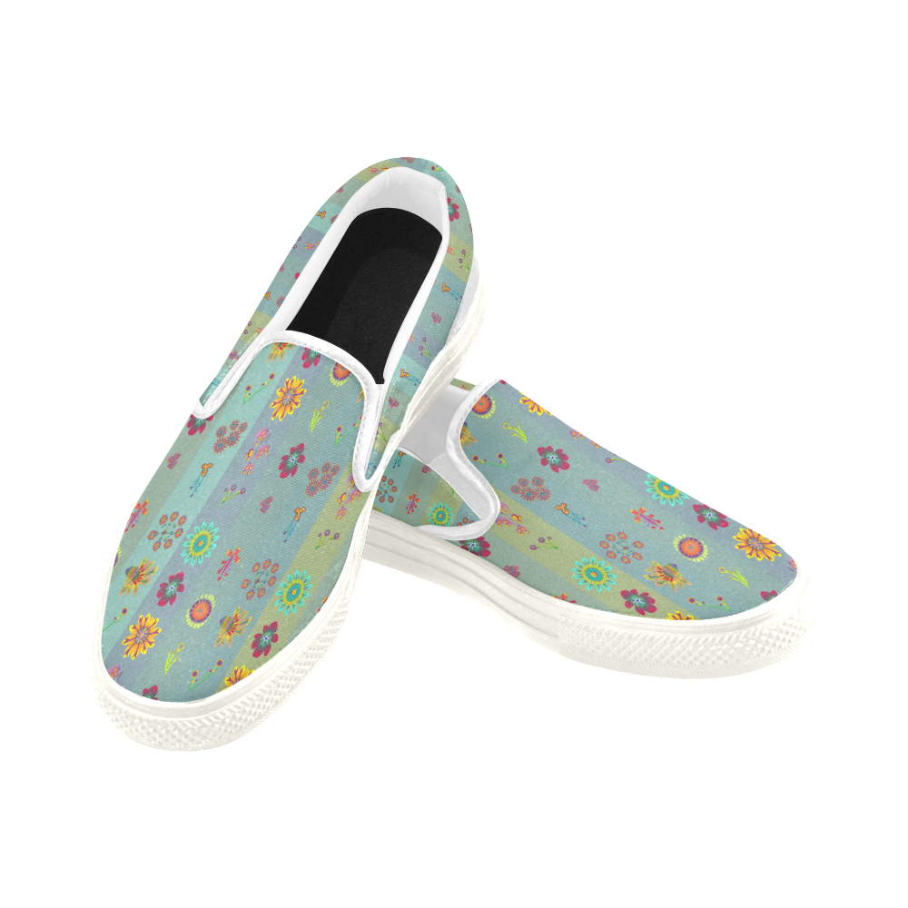 Tropical Flowers on Ocean Stripes 1 Women's Slip-on Canvas Shoes (Model 019)