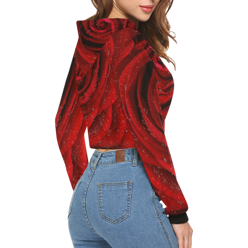 Red rosa All Over Print Crop Hoodie for Women (Model H22)