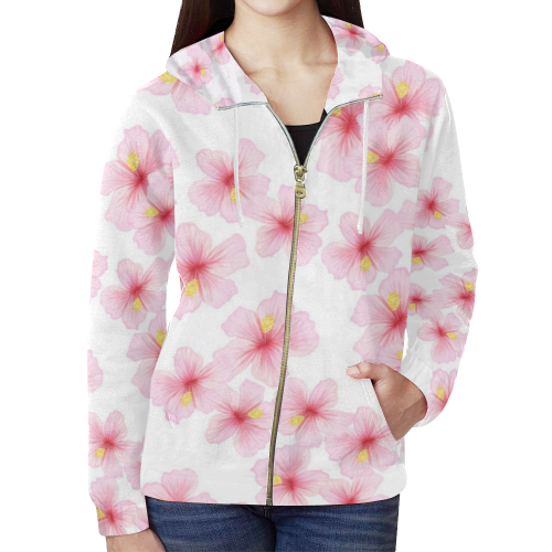 Pink Flowers All Over Print Full Zip Hoodie for Women (Model H14)