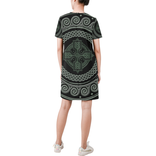 Awesome Celtic Cross Short-Sleeve Round Neck A-Line Dress (Model D47)