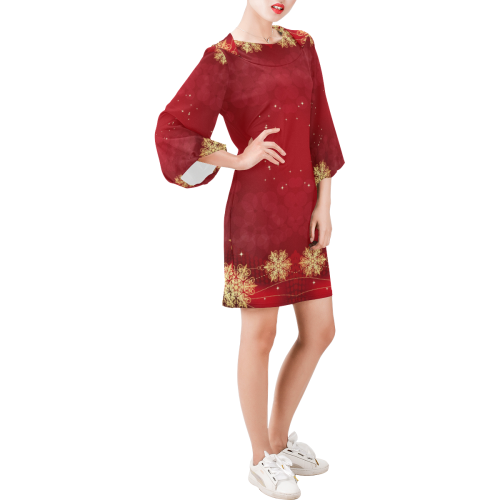 Golden Christmas Snowflake Ornaments on Red Bell Sleeve Dress (Model D52)