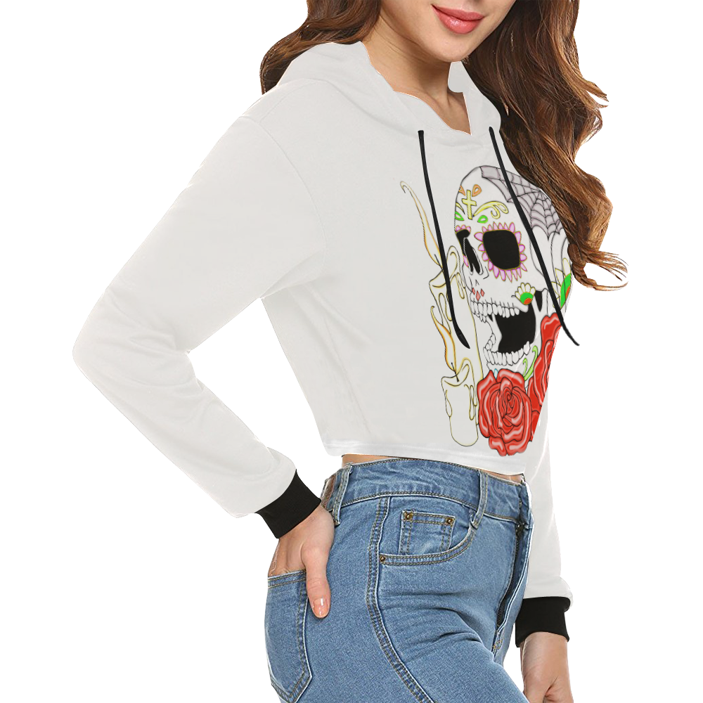 Day Of The Dead Sugar Skull White All Over Print Crop Hoodie for Women (Model H22)