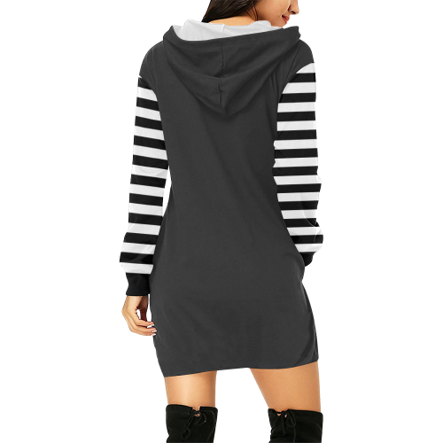 Black and White Stripes All Over Print Hoodie Mini Dress (Model H27)