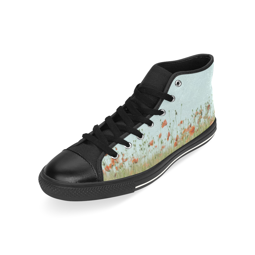Field of Flowers Black High Top Canvas Shoes for Kid (Model 017)