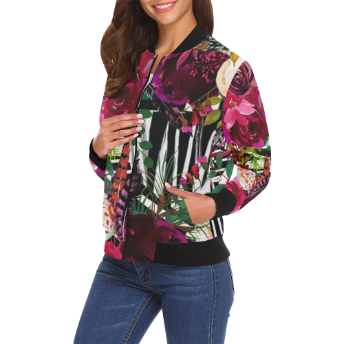 Floral On Zebra All Over Print Bomber Jacket for Women (Model H19)