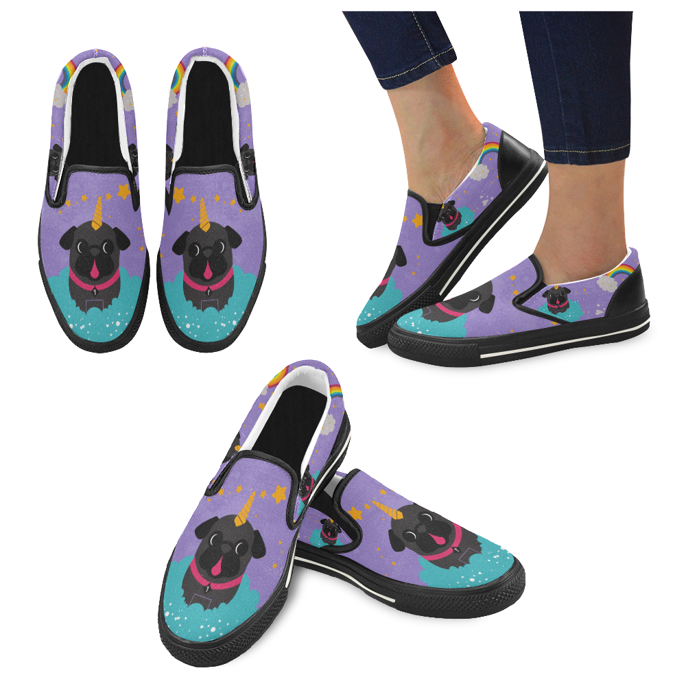 Black Pug Unicorn Slipon Canvas Women's Slip-on Canvas Shoes/Large Size (Model 019)
