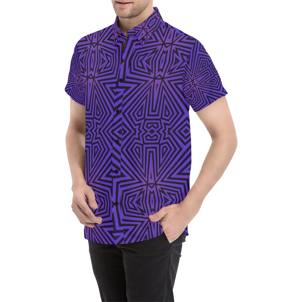 Purple-Black Tribal Pattern Men's All Over Print Short Sleeve Shirt (Model T53)