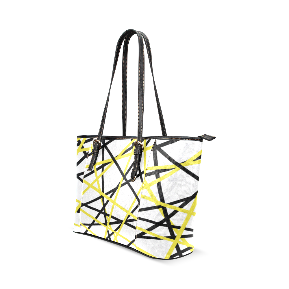 Black and yellow stripes Leather Tote Bag/Small (Model 1640)