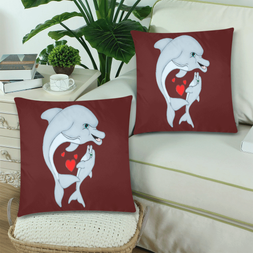 Dolphin Love Burgundy Custom Zippered Pillow Cases 18"x 18" (Twin Sides) (Set of 2)