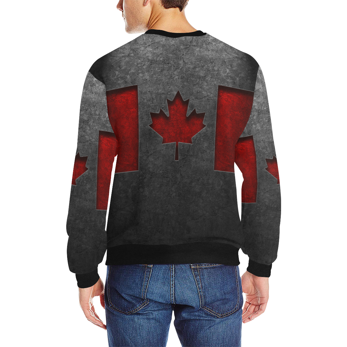 Canadian Flag Stone Texture Men's Rib Cuff Crew Neck Sweatshirt (Model H34)