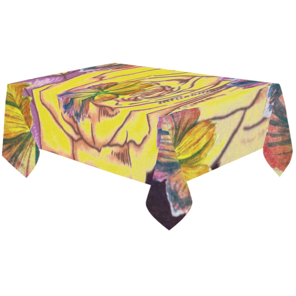 Watercolor Flowers Yellow Purple Green Cotton Linen Tablecloth 60"x120"