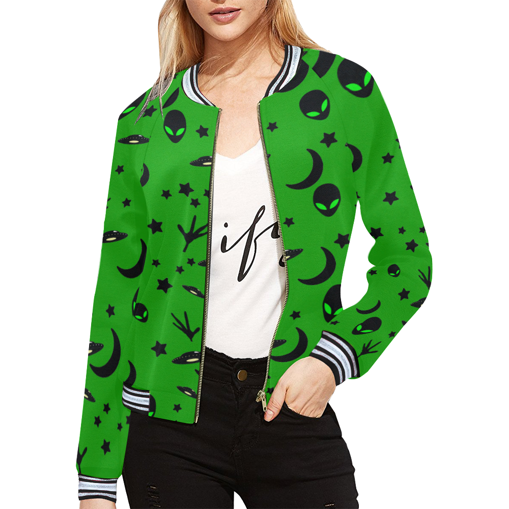 Alien Flying Saucers Stars Pattern on Green All Over Print Bomber Jacket for Women (Model H21)