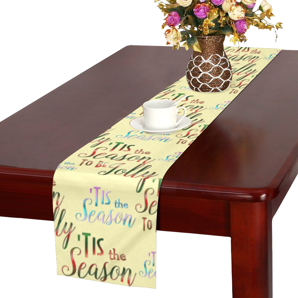 Christmas 'Tis The Season Pattern on Yellow Table Runner 14x72 inch