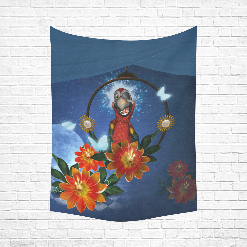 Funny parrot with flowers Cotton Linen Wall Tapestry 60"x 80"