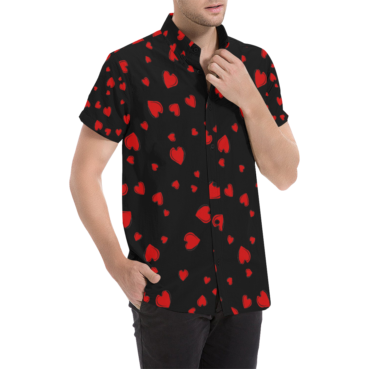 Red Hearts Floating on Black Men's All Over Print Short Sleeve Shirt (Model T53)