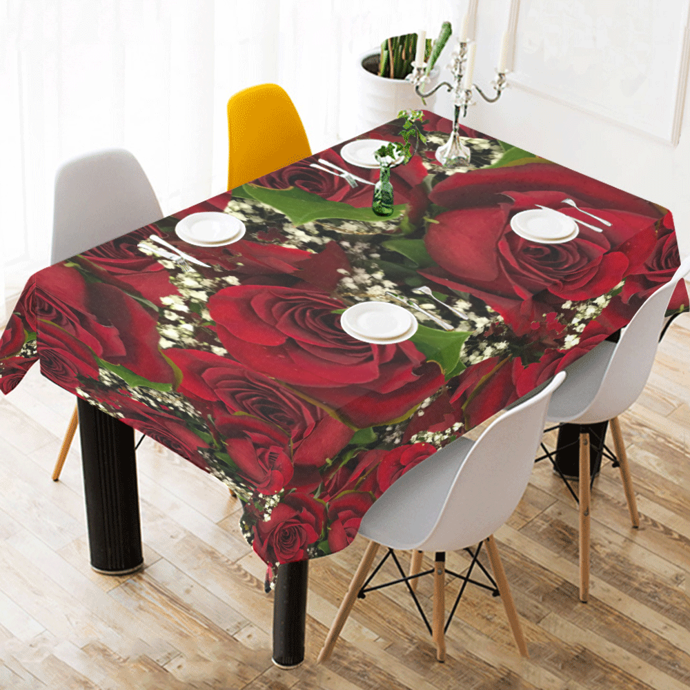 Carmine Roses Cotton Linen Tablecloth 52"x 70"