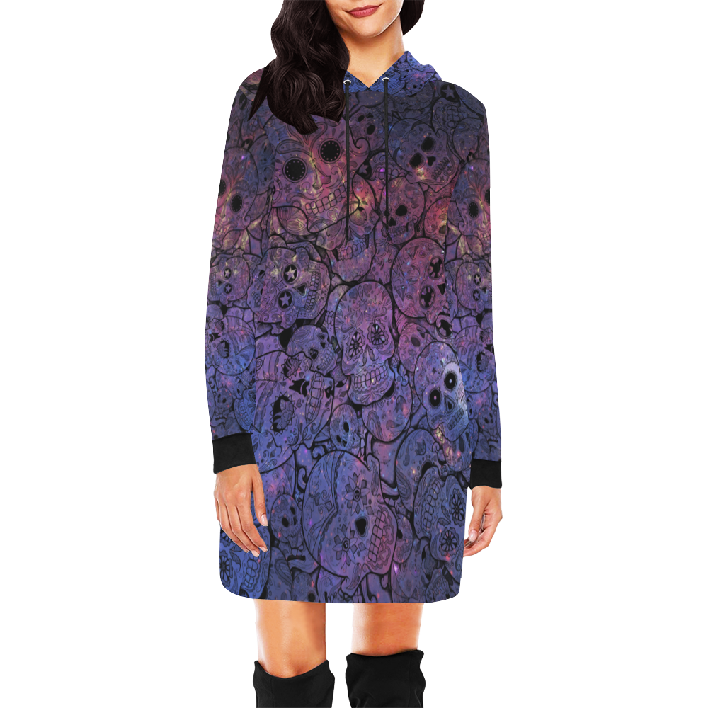 Cosmic Sugar Skulls All Over Print Hoodie Mini Dress (Model H27)