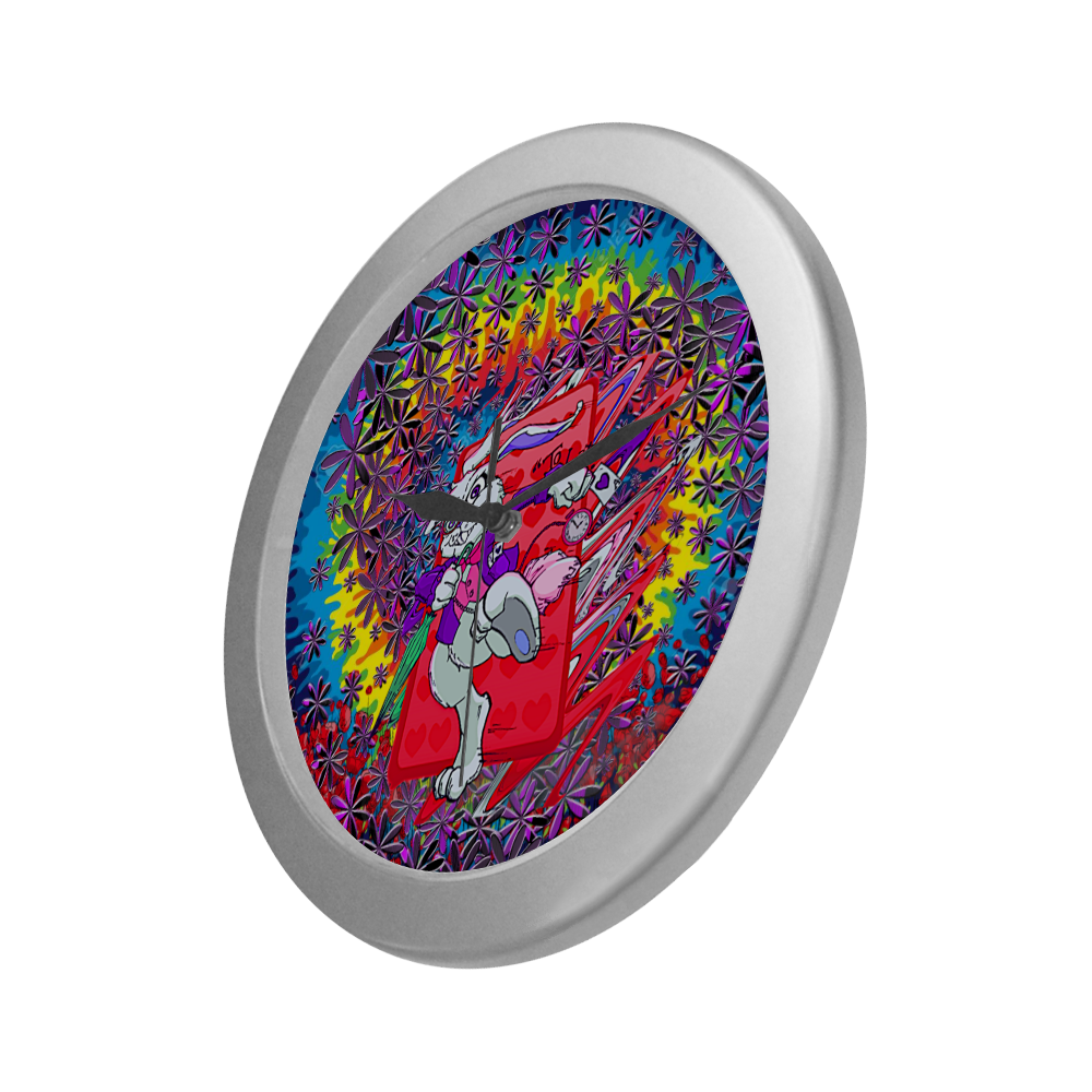 Tie Dye White Rabbit Inspired Art Running Late Design Silver Color Wall Clock