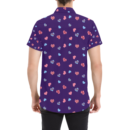 Pink-Blue Hearts-Wild Thing-Hot Stuff on Purple Men's All Over Print Short Sleeve Shirt (Model T53)