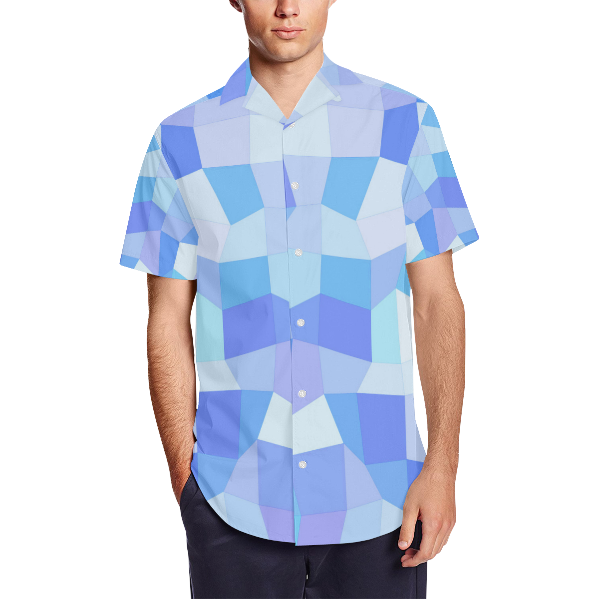 Bright Blues Mosaic Men's Short Sleeve Shirt with Lapel Collar (Model T54)