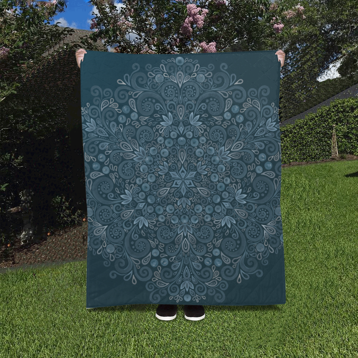 Blueberry Field, Blue, Watercolor Mandala Quilt 40"x50"