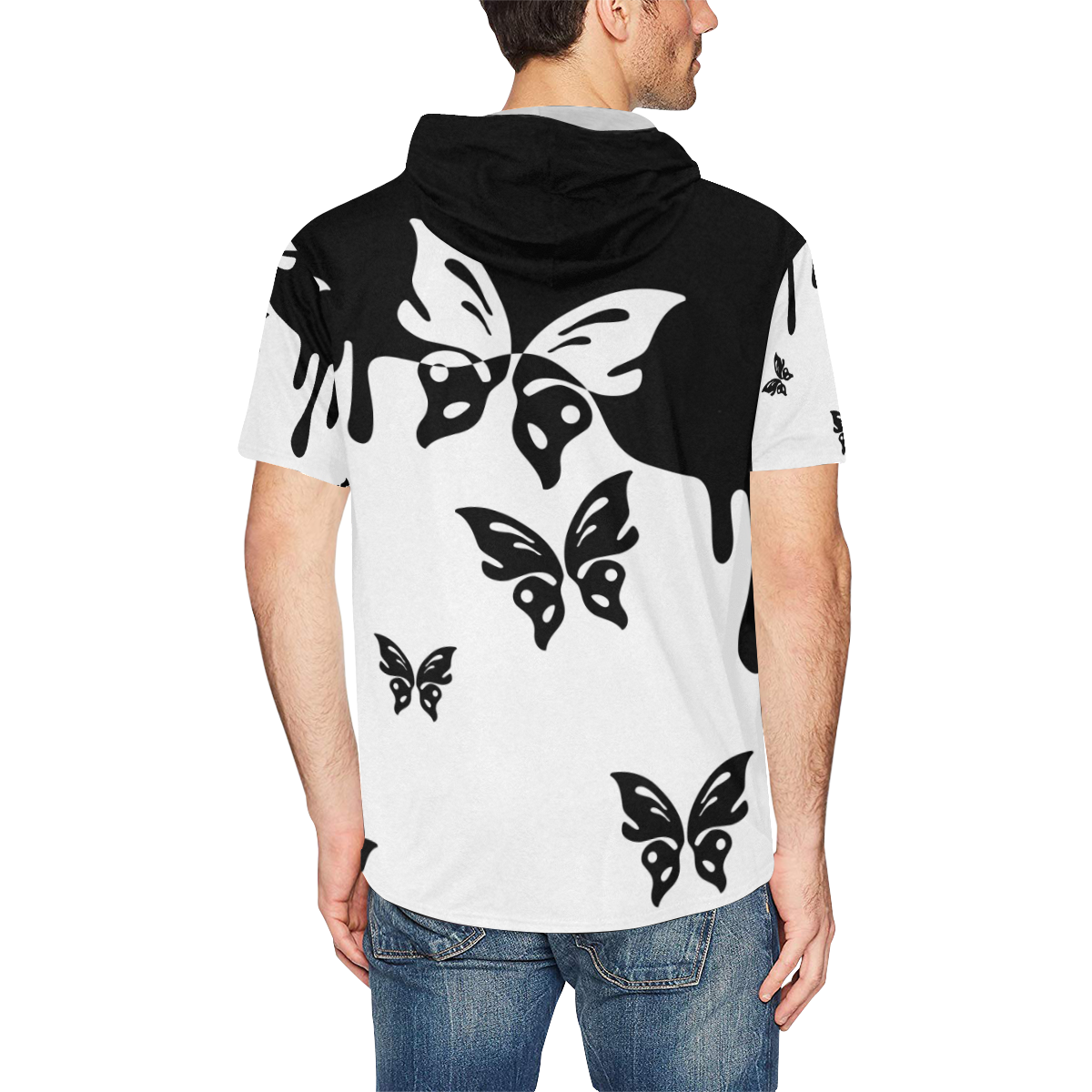 Animals Nature - Splashes Tattoos with Butterflies All Over Print Short Sleeve Hoodie for Men (Model H32)