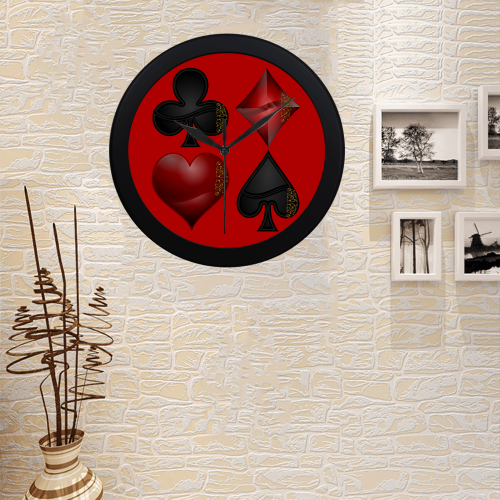 Las Vegas Black and Red Casino Poker Card Shapes  (Red/Black Frame) Circular Plastic Wall clock