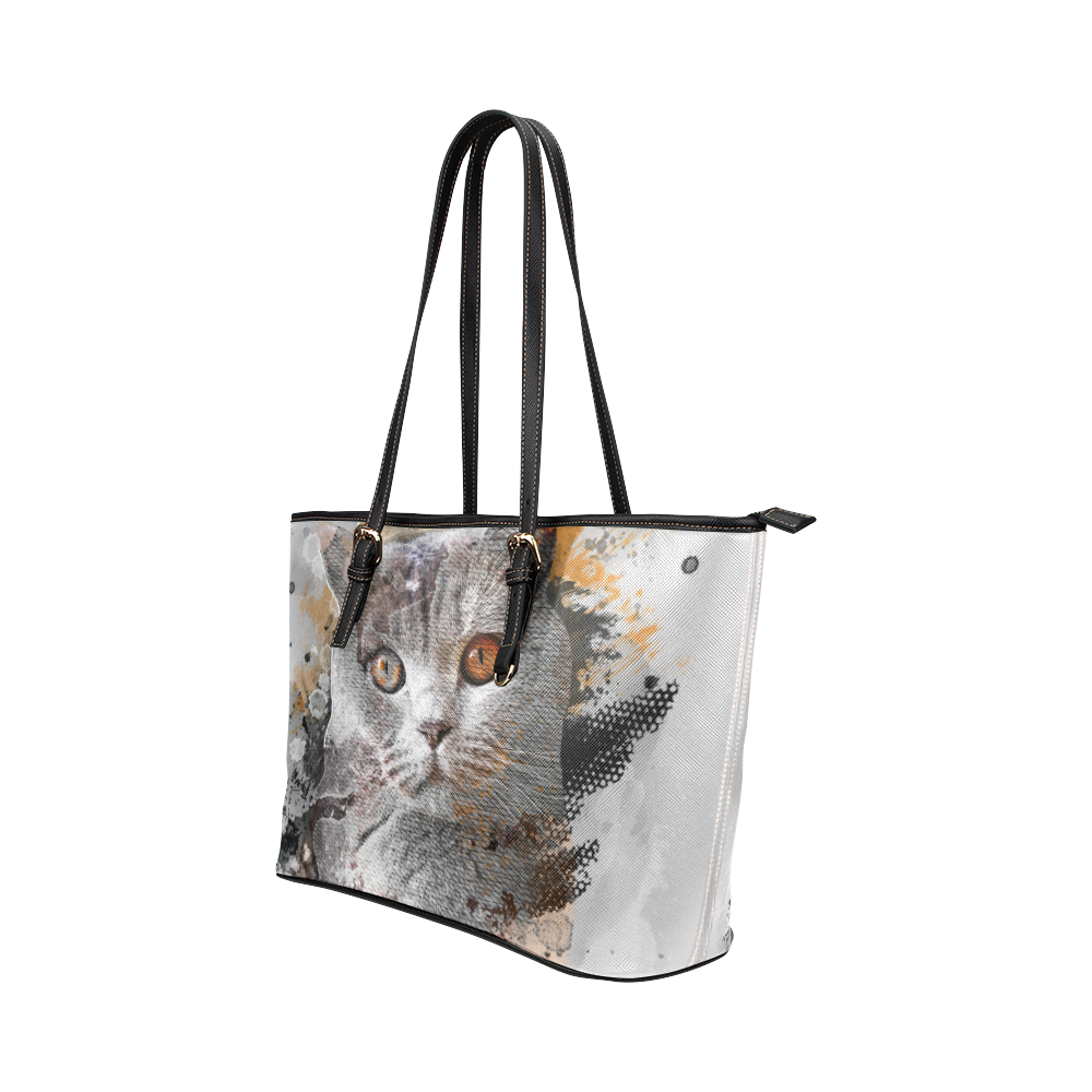 cat kitty art #cat #kitty Leather Tote Bag/Small (Model 1651)