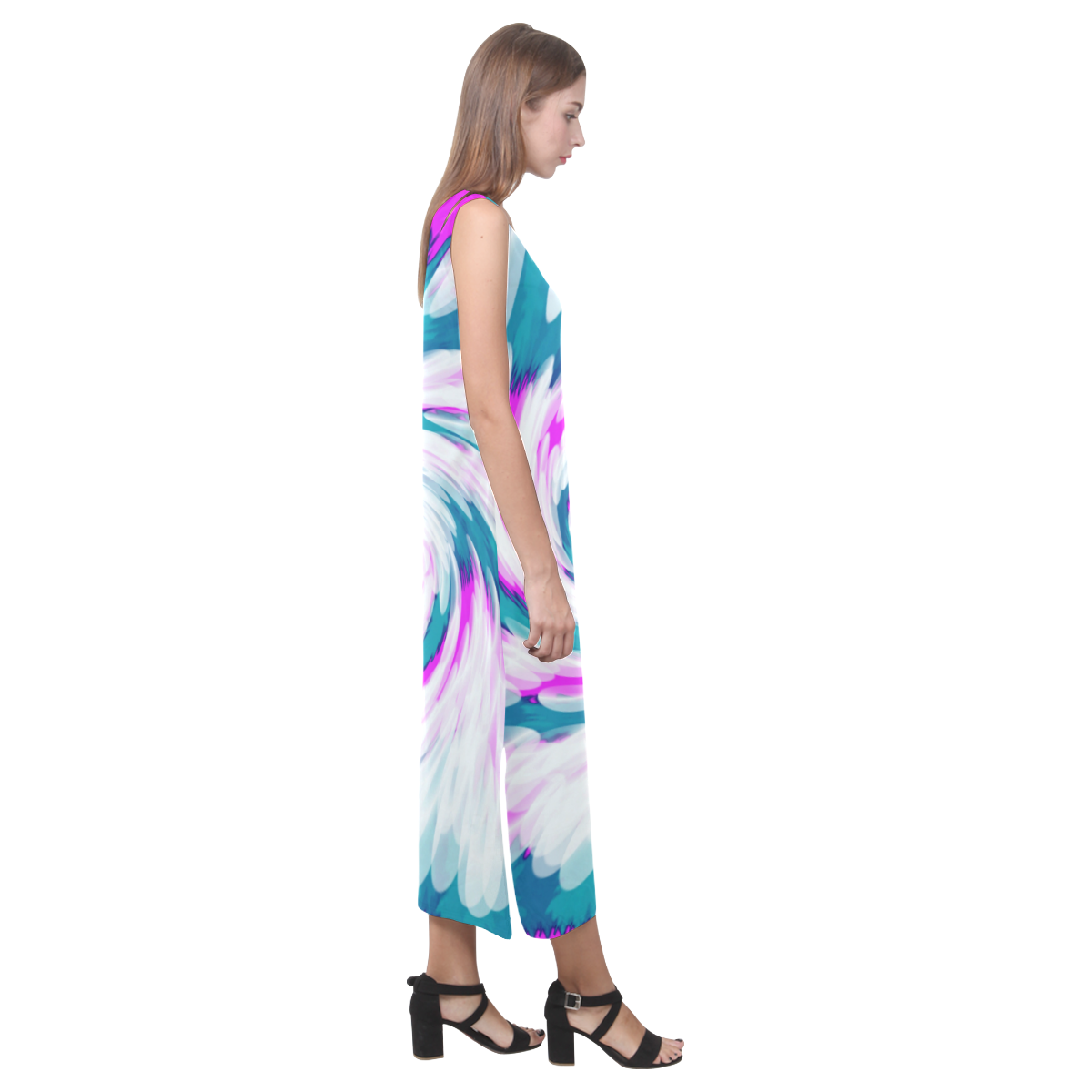 Turquoise Pink Tie Dye Swirl Abstract Phaedra Sleeveless Open Fork Long Dress (Model D08)