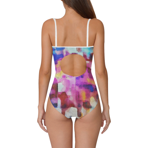 Blue pink watercolors Strap Swimsuit ( Model S05)