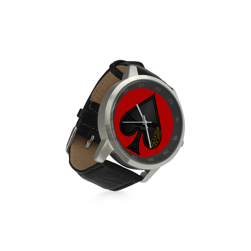 Spade Las Vegas Symbol Playing Card Shape on Red Unisex Stainless Steel Leather Strap Watch(Model 202)