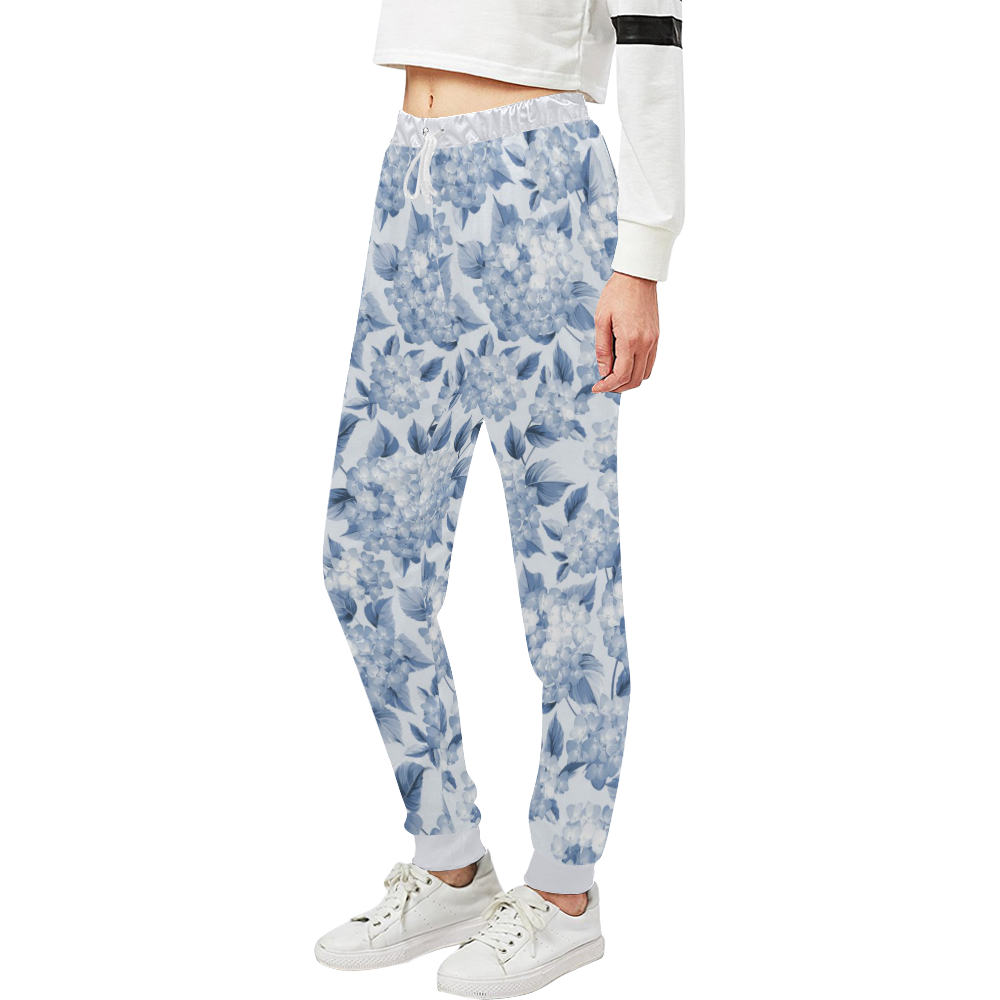 Blue and White Floral Pattern Unisex All Over Print Sweatpants (Model L11)